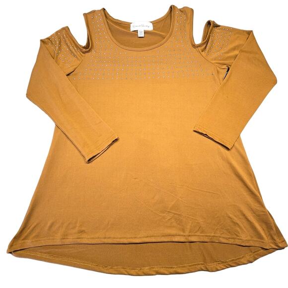 French Laundry Brown Cold Shoulder Shirt Stretch Studded Preppy Y2K Women Size L - Picture 1 of 12